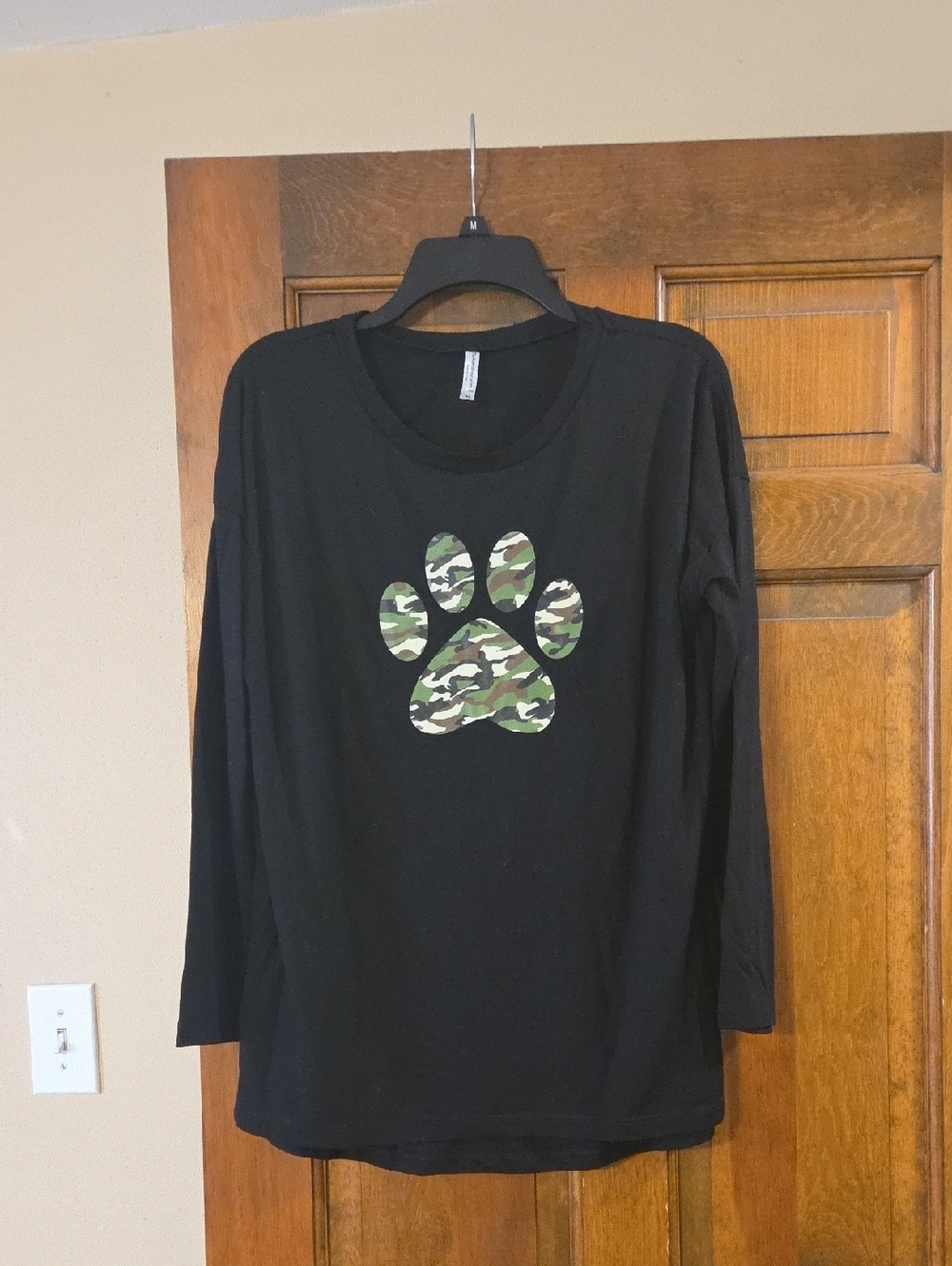 Black Long Sleeve Tee with Camouflage Paw Graphic